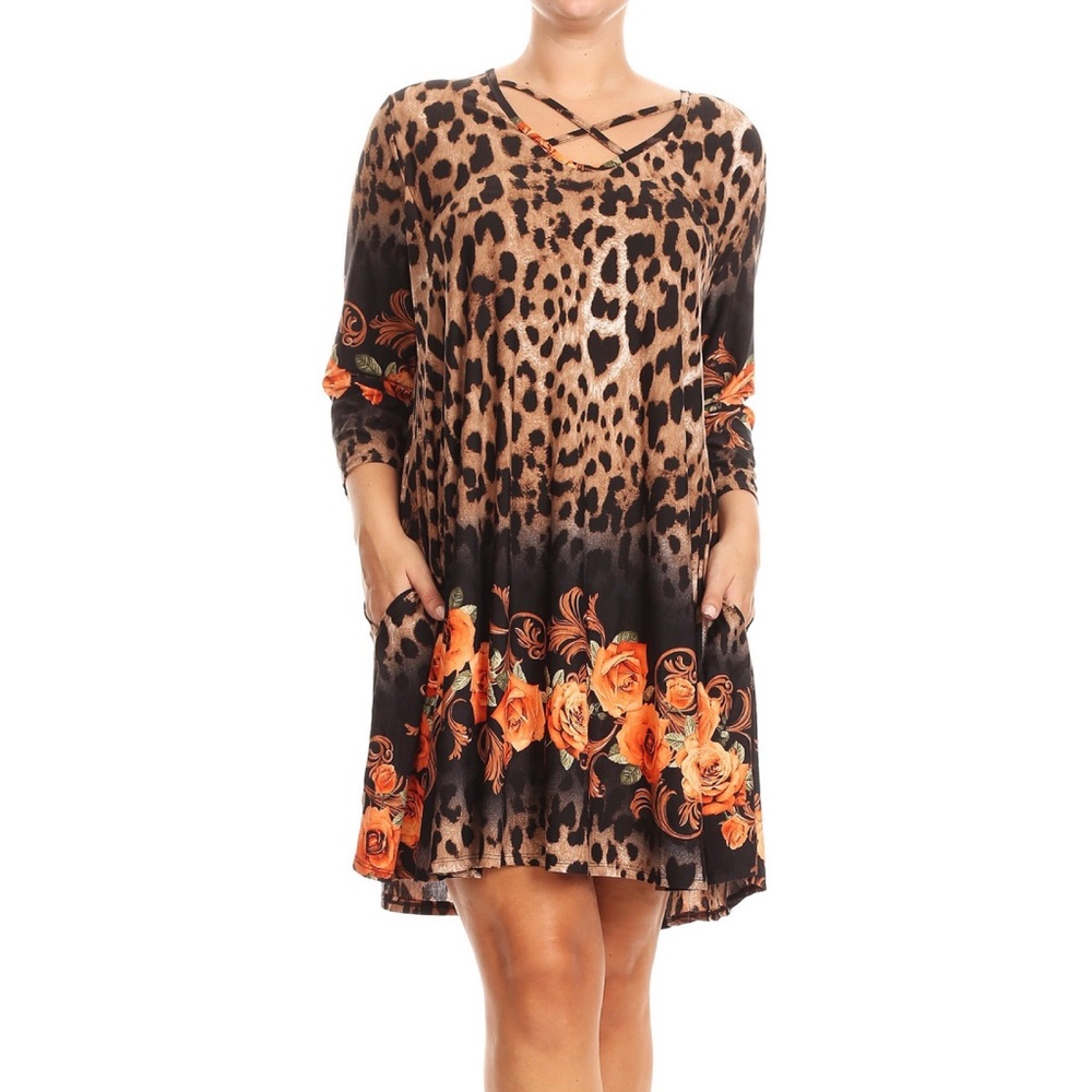 Cheetah & Orange Rose Criss Cross Neck Dress